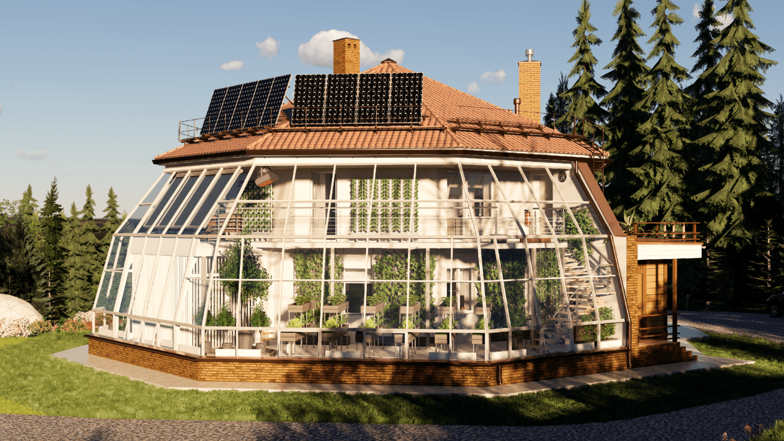 Солнечный дом КДВ ЭКО с солнечными батареями днём